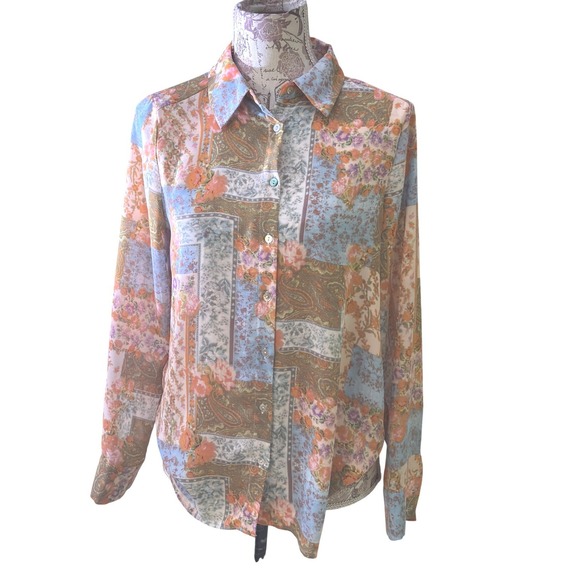 Tops - Vintage Patchwork Floral Paisley Button Up Shirt Long Sleeve Collared Blouse Top